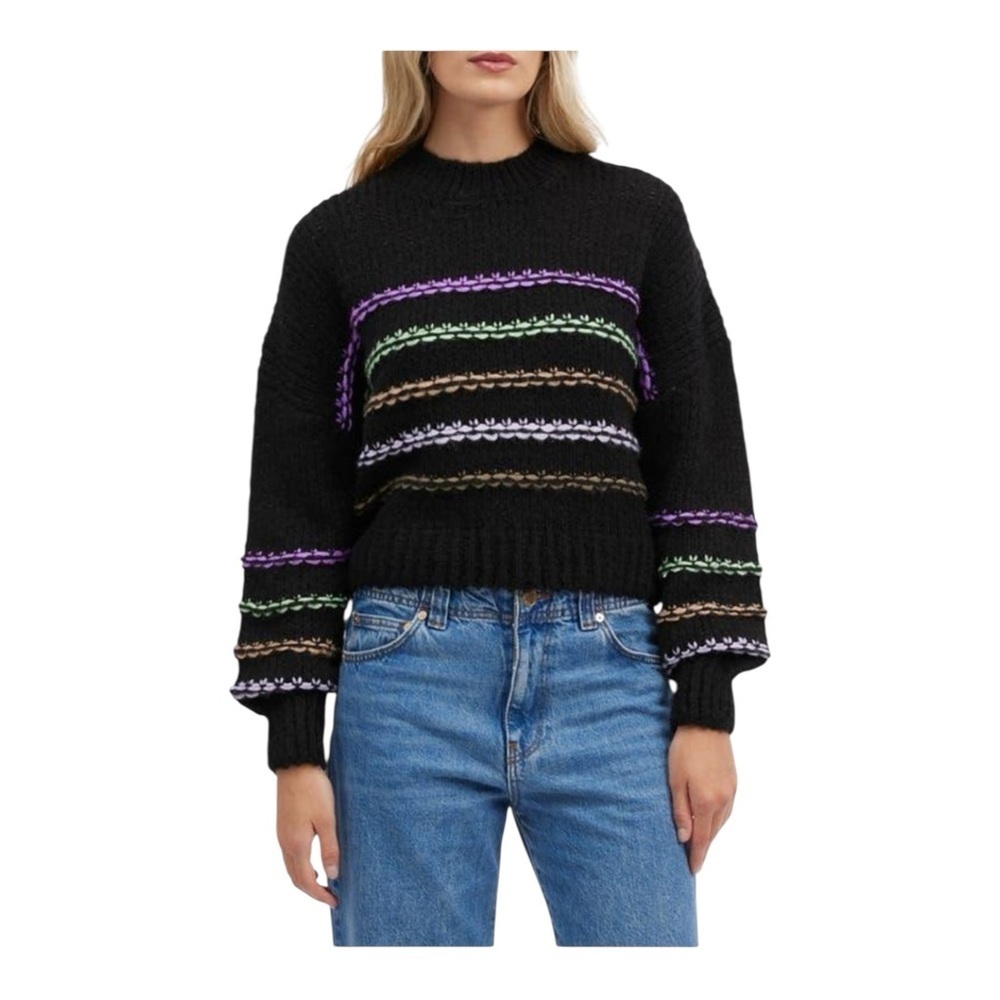 NVLT Stripe Wool Blend Balloon Sleeve Crop sweater in Black NWOT